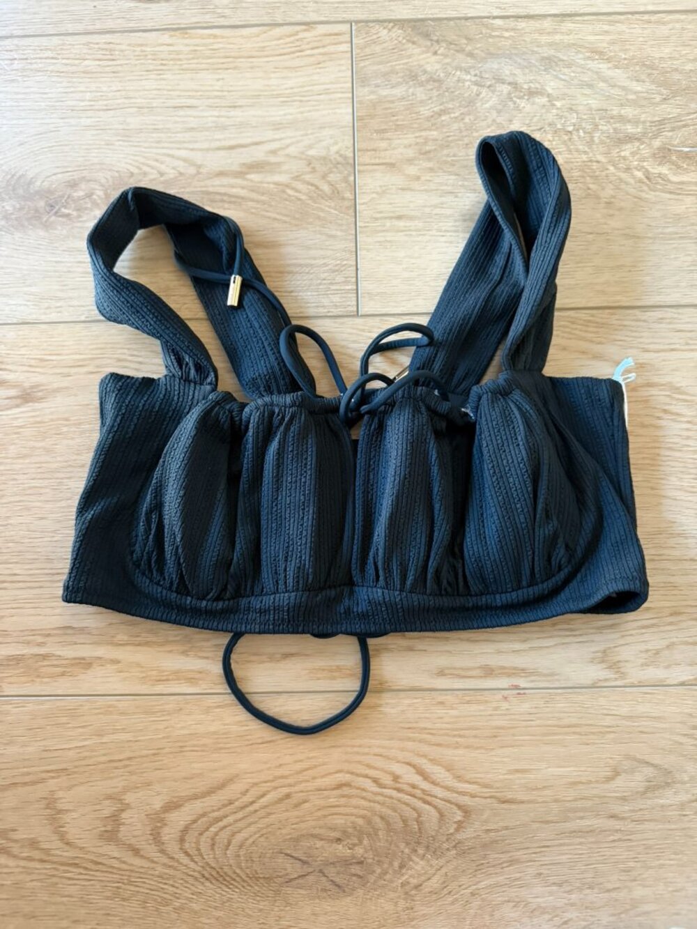 LIMITLESS Bikini Tops Women's Black Large Wide Strap Ribbed Casual Lace Up Back